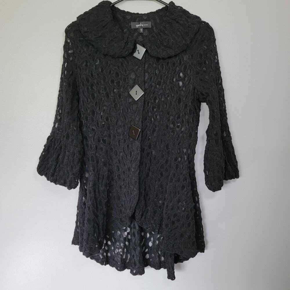 Yushi Black Cardigan Tunic Top Womens S 3/4 Sleeves Witchy Halloween Whimsygoth